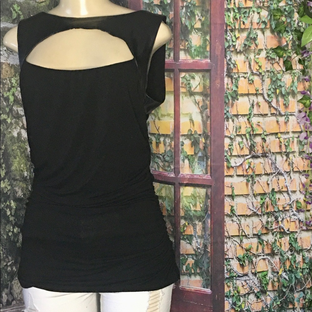 Arden B Stretchy Black Top with faux leather upper area size L.